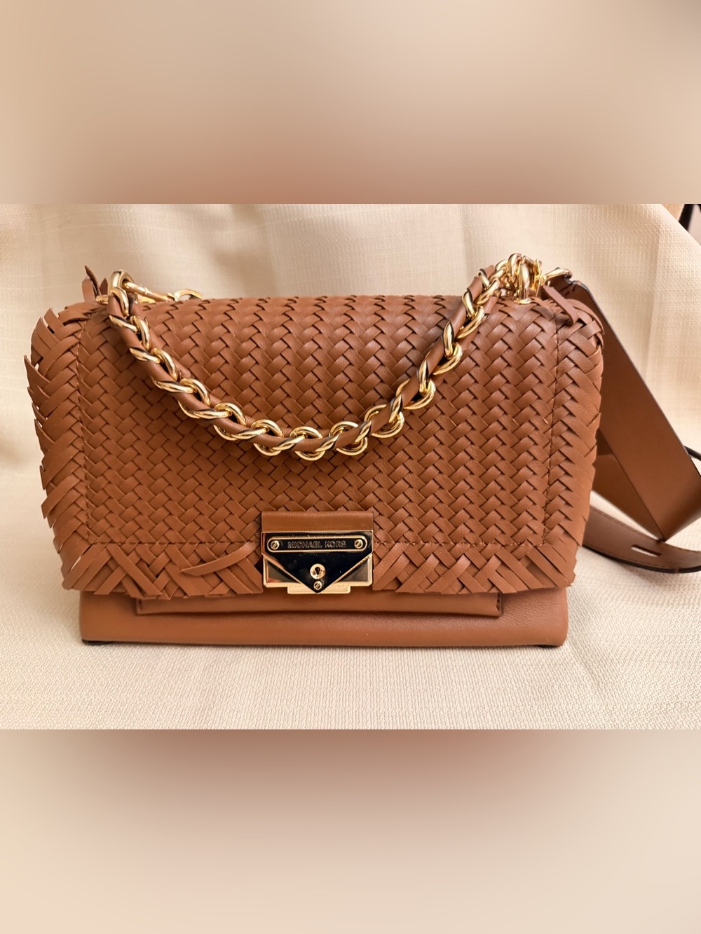 Michael Kors Woven Leather Shoulder Bag in Cognac Brown with Gold Chain